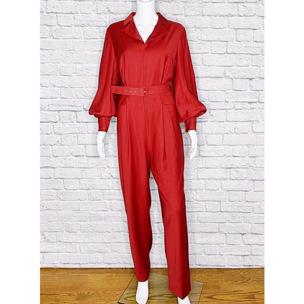 Emilia Wickstead Virgin Wool Burgundy Belted Jumpsuit